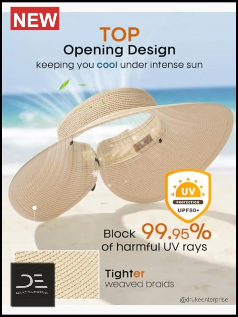 Wide Brim Sun Visor Hat with Ponytail Hole UPF 80+ Packable Adjustable